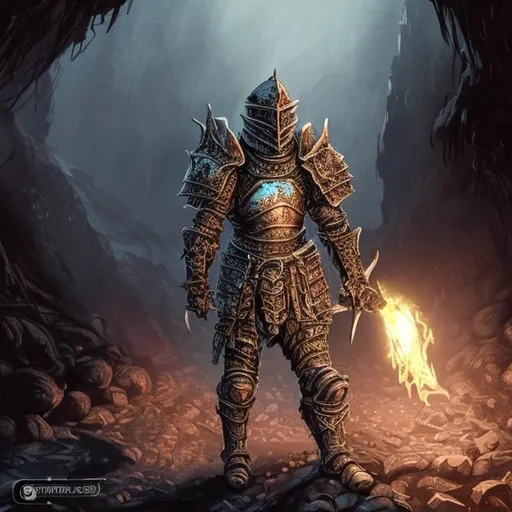 Prompt: a paisley painted destroyed armor knight, in the middle of a cave.
The cave is in the darkness  but there is a fire torch on the ground in front of the knight