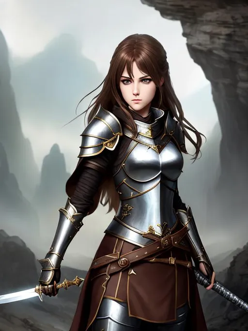 A female knight with brown hair holding a sword, epi... | OpenArt