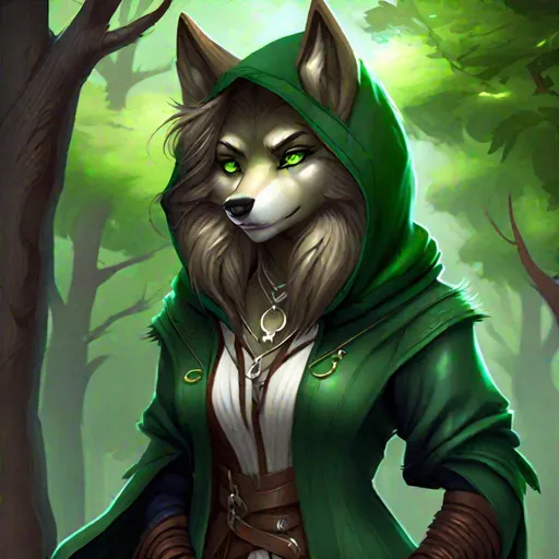 Prompt: animal anthropomorphic wolf female, furry art, high quality, digital art, concept art, highly detailed, stanley artgerm lau, cinematic, big green eyes, eyeliners, fluffy tail, looking at viewer, dressed in fantasy medieval clothes, wearing a coat with a hood, leather trousers, fingerless gloves, necklace, long hair, trees, concept art, standing, forest, night, moon