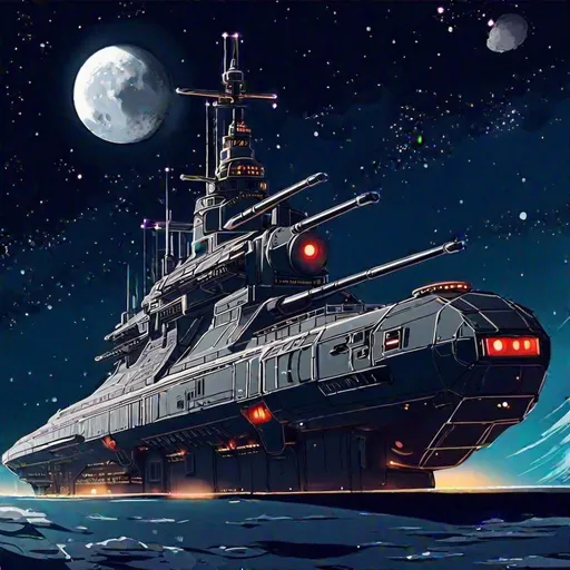 Prompt: A scifi ship, resembling a WWII battleship, orbiting the moon. Anime art. 2d. 2d art.