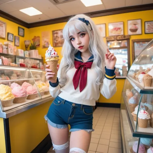 Prompt: girl with long flowy silver white hair that has candy and strawberries in it and golden yellow eyes in a cute lolita sailor blue sweater and jeans shorts with fishnets and yellow and brown flannel leg warmers doing dynamic poses in an interesting fish eye perspective next to an ice cream parlor leaning against a display case of ice cream