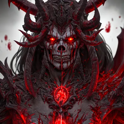Prompt: a demonic god of blood and skulls, Professional, Highly Detailed, Hyperrealistic, sharp focus, Professional, UHD, HDR, 8K, Render, HD, Trending on ArtStation, close up, bokeh, outdoor,