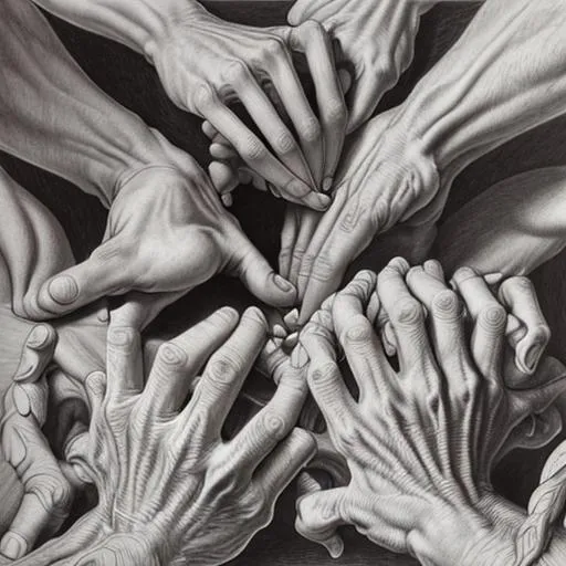 Prompt: M.C. Escher, pencil drawing, detailed, fingers from every angle, twisted hands, chaos, knuckles, tendons, extra fingers, creepy, Peter Paul Rubens, anatomy