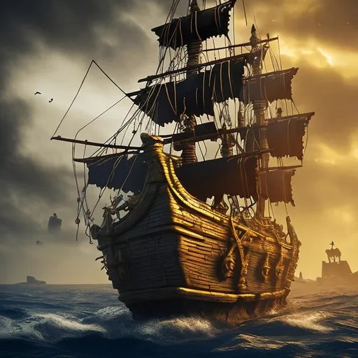 Prompt: mysterious and spooky pirate ship with golden masts
