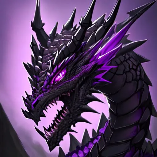 Prompt: Big black Dragon, purple eyes