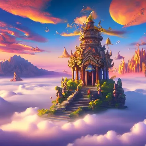 Prompt: A small temple of the dream realm floating above clouds in the sunny sky multi colourful 4k high quality beautiful fantasy 
