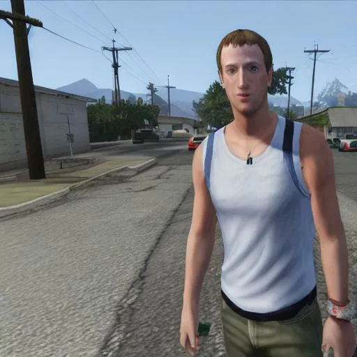 Prompt: Grand Theft Auto San Andreas (2004) awkward cutscene mod featuring Mark Zuckerberg cosplaying as CJ Carl Johnson from GTA San Andreas, white sleeveless tanktop, player model, grove st, mod, focus on face, protagonist, ghetto, psp screenshot, ps1 gameplay, Dreamcast graphics, San Andreas Mod, GTA SA, Compton, curly Caesar haircut, Ps2, meme