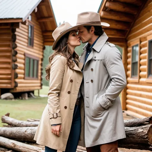 Prompt:  a man with a light tan trench coat grey saddle pants Calvery boots and a fort crushable silver belly hat kissing a woman with brunette hair wearing a small brown hat a dark blue jacket and brown pants leaning against a log cabin