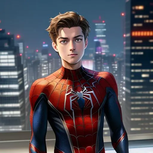 Prompt: highest quality digital painting full-body portrait of Peter Parker from spider-man, standing on a roof, Brown Wavy hair, wearing Ghost spider suit, ghost spider, spider-verse, body suit, side lighting, cyberpunk lighting, neon, symmetrical face, full body, cute posed, face details, looking into camera, face to camera, intimidating, stoic, sharp features, double eyelid brown eyes