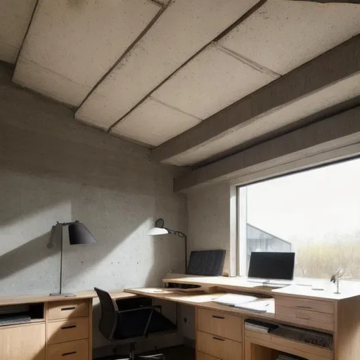 Prompt: cozy brutalist architecture home office with furniture and lots of natural light coming from skylight

