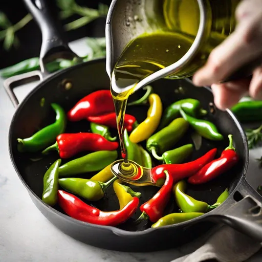 Prompt: olive oil is poured into a pan full of green and red peppers