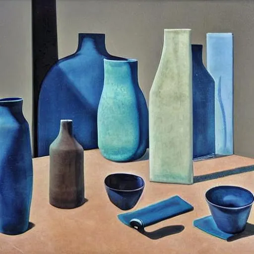 Prompt: beautiful ceramics studio photograph of a ceramics display of tall blue angular stoneware vases covered with modernist paintings placed on a tablecloth on a wooden table, hyperrealism 8 k