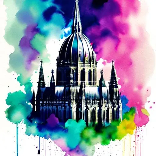 Prompt: cologne dome and the ring map of cologne city, rainy day, rainbow-watercolor, wet on wet and splattering techniques, centered, perfect composition, abstraction, surrealism
