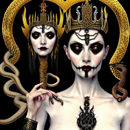 Prompt: ((High quality)) ((photorealistic)) hauntingly beautiful macabre painting , 
Snake goddess empress wearing magical garb, redeyes, crisp portrait, shiny skin, pale ivory skin, lustrous black hair, slender toned body, graceful elegance, detailed face, plate armor ,Gothic architecture, stone thrones, a faint crimson glow, 