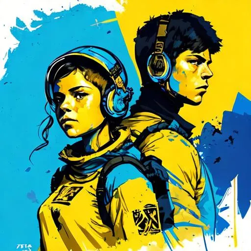 Prompt: give me a movie poster: colorful, strong graphic of young male and young female rebel soldiers, weapons, helmet, background: blue and yellow, panzer, pzh2000, ukraine,