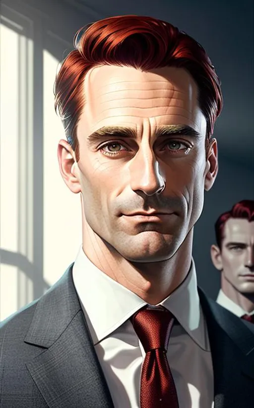 Prompt: Portrait of John Hamm as Howard Roark with reddish hair and with heoric and stearn face, architect office background, perfect composition, hyperrealistic, super detailed, 8k, high quality, trending art, trending on artstation, sharp focus, studio photo, high key lighting, intricate details, highly detailed, by greg rutkowski