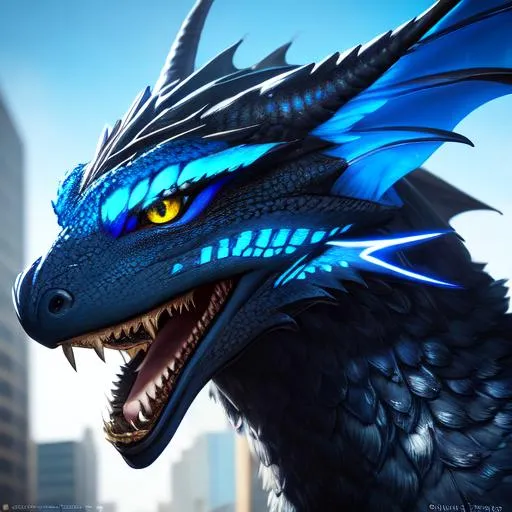 Prompt: Portrait of an anthro wyvern with striking blue fur and iridescent black markings and a cute face, liminal space streets, perfect composition, hyperrealistic, super detailed, 8k, high quality, trending art, trending on artstation, sharp focus, studio photo, intricate details, highly detailed, by greg rutkowski