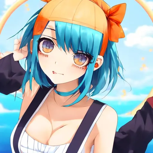 Prompt: Side swept band+long layer haircut, hing arched eye brow ,blue hair,orange eyes,white_body, big_tits, japanese dress,hentai versiongirl, fit body