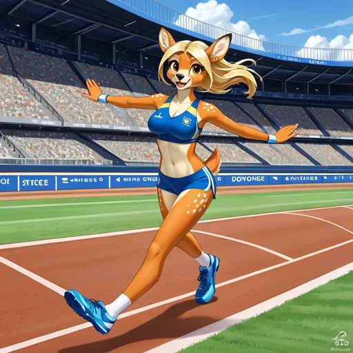 Prompt: ultra-detailed, best_quality, (cute, slim, and alluring anthropomorphic female deer girl track star), detailed smiling and expressive facial features, dynamically posed running in a track meet around a track in a stadium,  wearing track outfi, has ear piercings