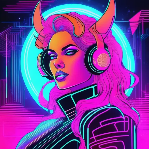 Prompt: a beautiful female demon in a dynamic pose in a retro futuristic synthwave neon paradise.  neon lighting, high quality, beautiful, masterpiece, artistic, synthwave, cyber, retro, futuristic