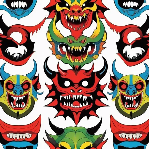 Prompt: ((best quality)), ((masterpiece)), ((realistic))sickness demon masks have been devised. These masks are of ferocious aspect, fanged, and with fiendish eyes. Gaudily coloured and sometimes having articulating jaws, they present a dragonlike appearance.,infusing it with vibrant and bold colors. The illustration showcases the aesthetic creates a visually captivating masterpiece on eye level, scenic, masterpiece. <lora:add_detail:0.5>