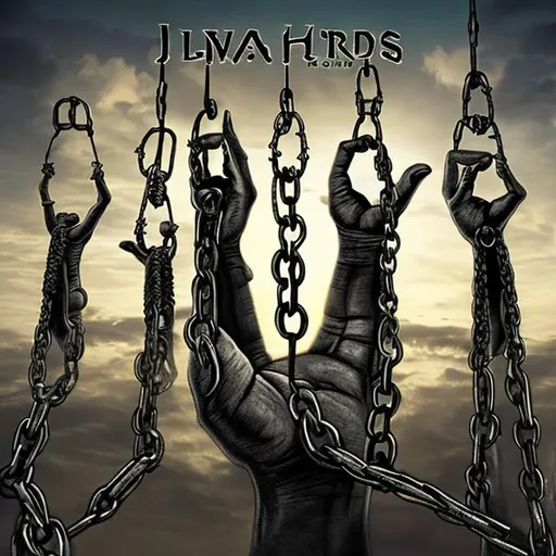 Prompt: Slave rising hands to the sky in chains