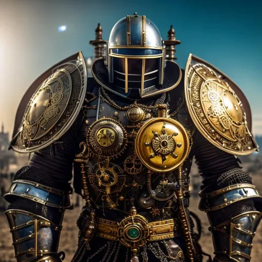 Prompt: Steampunk knight, brass armour with gears, raised warhammer with green tubes on it base, energy shield in front of body, breastplate, slim muscular physique, portrait shot, dim lighting, 4k high resolution, cinematic, sunny day, on flying zeppelins in the background