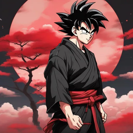 Prompt: Anime Style, Goku, black hair, wearing Black kimono with red clouds.