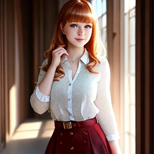 Prompt: (masterpiece), (full body, full entire body), realistic, (portrait of 23 years old russian girl), university style, beautiful face, cute face, smile, freckles, miniskirt, red blouse, stockings and garther belt, sunlight, hand holdind a folder, cinematic light, bangs, a beautiful girl, beautiful eyes, long ginger hair, perfect anatomy, very cute, princess eyes , (black eyes) , (frame the head), Centered image, stylized, bioluminescence, 8 life size,8k Resolution, human hands, wonder full, elegant, approaching perfection, dynamic, highly detailed, character sheet, concept art, smooth, facing directly at the viewer positioned so that their body is symmetrical and balanced, stunningly beautiful 20-something girl, detailed hairstyle,