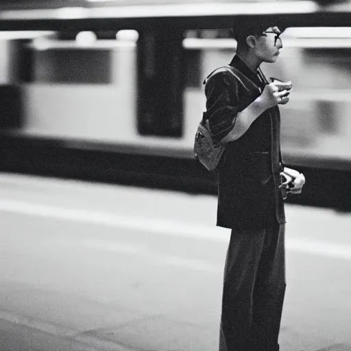 Prompt: Na ease anime 
Man smoking cigarettes waiting for the train  intricate, elegant, super highly detailed, smooth, sharp focus, no blur, no dof, extreme