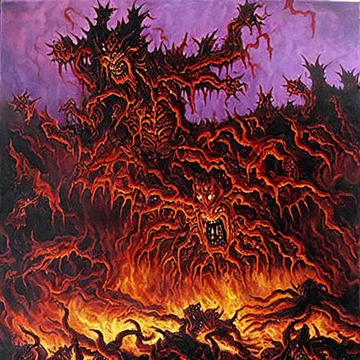 Prompt: Hellish realistic painting of a chaos demon wielding the corpses of its victims as armor.  The chaos demon is biting a medieval soldier in half.  vibrant violet vapors rise from an abyss. The background is set in hell with corrupted earth and decaying corpses of humans and angels  scattered beneath the chaos god. death | suffering | malevolence | war | grim | despair | UHD, 4K, 8K, 64K, highly detailed.