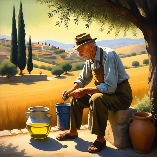 Prompt: (Edward Hopper style), an old Italian man hand grinding olive oil, ancient olive oil making techniques, charming Italian countryside scenery, lush rolling hills, rustic olive trees, warm golden sunlight, soft shadows, vibrant colors, nostalgic atmosphere, peaceful ambiance, artisanal craftsmanship, ultra-detailed, picturesque background, high quality , romantic and serene mood.