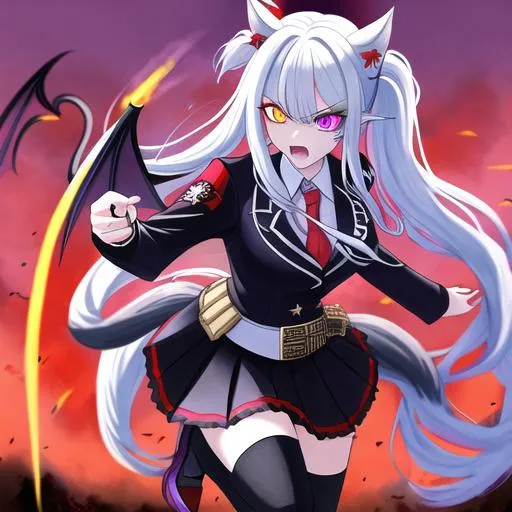 Prompt: Haley  as a demon (multi-color hair) (multi-color eyes)(she has horse ears) holding a katana, fighting, in a gunfight, bullets flying, fighting in a rural area, angry, (demon tail), (demon wings), lunging at the center, flying in the air