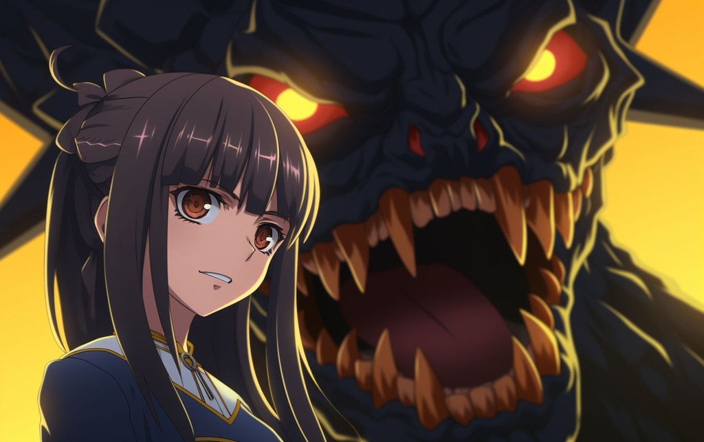 Prompt: an anime girl standing on the ground next to a wailing devil, in the style of horror academia, navy and amber, raw, confrontational figures, dinocore, close-up shots, uniformly staged images, quadratura