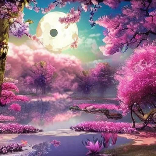 Prompt: Beautiful fantasy landscape with  fairy's and glitter and butterfly's and a big beautiful sakura tree and a anime moon
