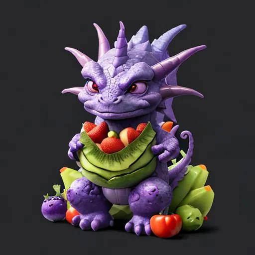 Prompt: A (cute) purple (dragon) monster (made of fruit and veggies) avatar (good guy) won the battle 
