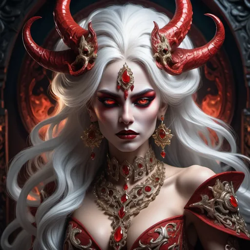 Prompt: Female demon, striking red skin, flowing white hair, adorned in lavish, intricate royal attire, exuding an air of power and elegance, adorned with ornate jewelry and accessories, set against a dramatic, shadowy background, evoking a sense of mystique and allure, high detail, vibrant colors, fantasy realm ambiance.