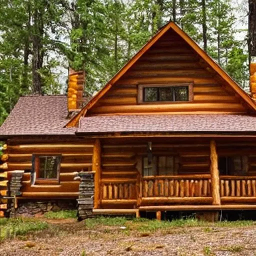 Prompt: western style log cabin in a forest on top of a hill with a long driveway clean and crisp