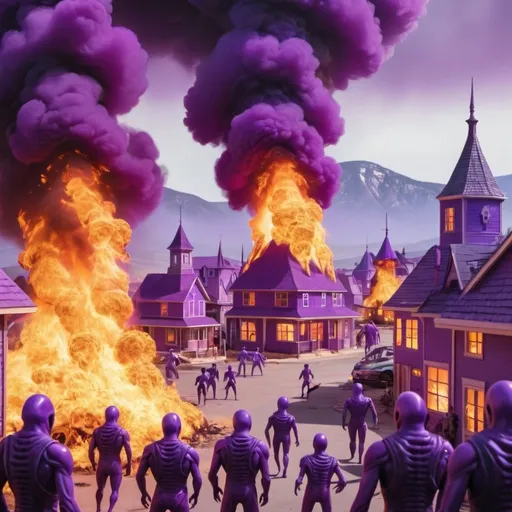 Prompt: a fire breathing alien burns down a purple town with purple buildings and purple people