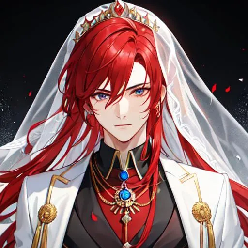 Prompt: Zerif 1male (Red side-swept hair covering his right eye) wearing a royal suit, white shawl, wedding