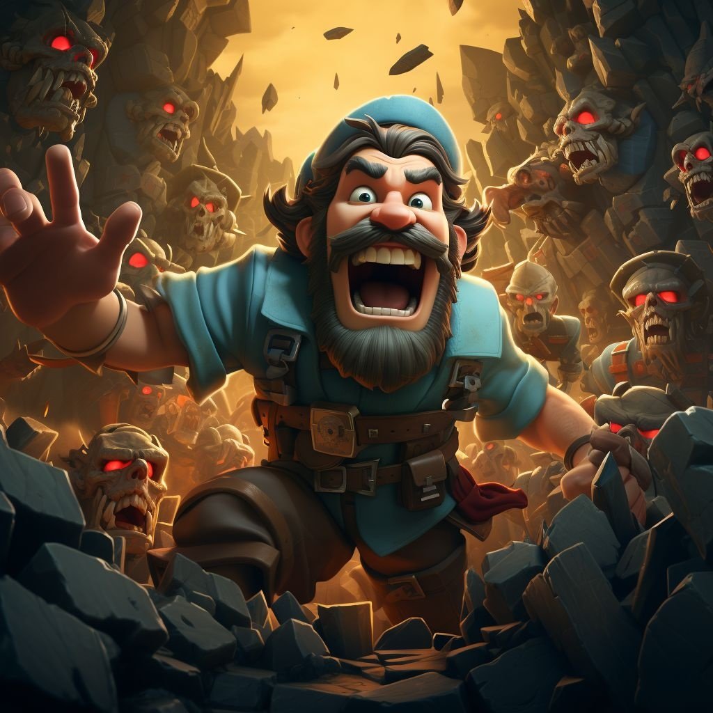 Prompt: clash royale gameplay 3d, in the style of golden age illustrations, ominous landscapes, dark green and light crimson, strong facial expression, light sky-blue and dark white, depth-defying murals, vignetting
