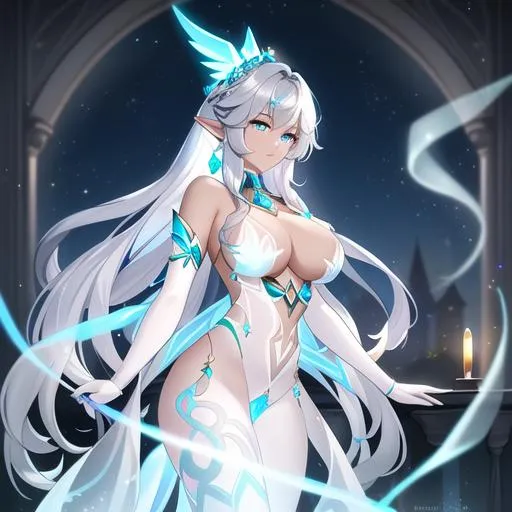 Prompt: (Masterfully crafted Glow, blue lens flare:1.1) behind, hyperdetailed full-body painting of a 

ethereal, unnatural grey-skinned night elf goddess ((((barely clothed:1,8)))), with ((long white hair)), (bioluminescent hair:1.1), wearing a delicate silver and golden gothic armor with black filigree details and ornamental pauldrons, 

filigree drapery, luis royo, sorolla, vivid colors, insectoid parts,

style of Fragonard and Yoshitaka Amano (light hair with flowers, messy), ropes, ((forest background)), bioluminescent, (wearing intricate clothes), vines, delicate, soft, fireflies, spiders, spider webs, webs, silk, threads, ethereal, luminous, glowing, dark contrast, celestial, ribbons, trails of light, 3D lighting, soft light, vaporware