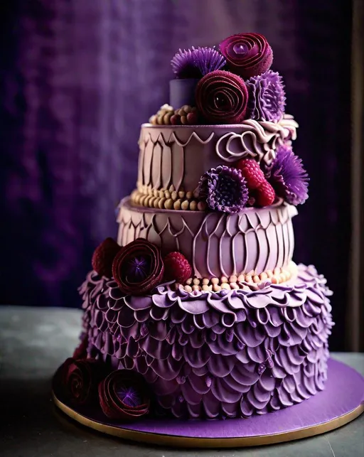 Prompt: A towering, three-tiered cake frosted in rich purple buttercream. The cake is elegantly decorated with fresh raspberries, their jeweled tones contrasting the lavender hue. A cascade of buttercream ruffles borders each circular layer. Lit from the side to accentuate texture. Shot with a macro lens for an intimate, indulgent viewpoint.
