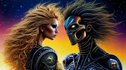 Prompt: An Alien, a stranger, an exotic princess from Tau Ceti. Starlight. Translucent, holographic, airy, light. Wild, unbridled, impulsive. Orange, bronze, gold, and black. mixed media in the style of Boris Vallejo and Luis Royo. Brown-blond hair. Hair straight, shaggy, thin, and windswept. Detailed hair. Curls at the forehead.  Their right eye is half covered by a hairpin. Eyebrows thin. (((Eyes green and blue))), almond-shaped. Nose straight, thin. Lips half open. Lips natural color. (((Stardust on cheeks))). The left side of the face 60% covered with (((tattoos))) and (((implants))). Tattoos, implants bronze and gold. Implant thin lines. Detailed tattoos, implants. (((Head and face portrait.))) Digital 3D Art, perfect composition, beautiful detailed intricate crazy detailed octane render trendy art-station, 8 k art photography, photo-realistic concept.