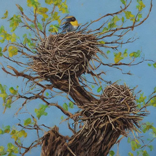 Prompt: Lonely bird nest in tree oil painting