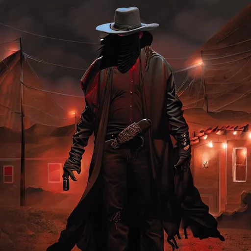 Prompt: Cyber Cowboy with 4 Arms, fiery red Poncho, Dressed in black duster and Stetson Cowboy Hat, with Red Sunglasses, Haunting Presence, Intricately Detailed, Hyperdetailed, Desert Wild West Landscape, Dusty Midnight Lighting, Wild West Feel