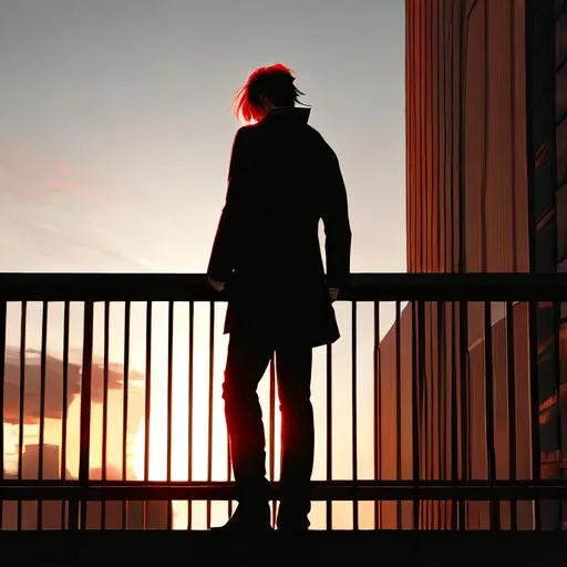 Prompt: A man who escaped the matrix and is looking at normal people being controlled by the system. The sun and the red moon shining from the balcony while he’s standing and the wind is blowing his hair from behind. Dark theme and slashing blood