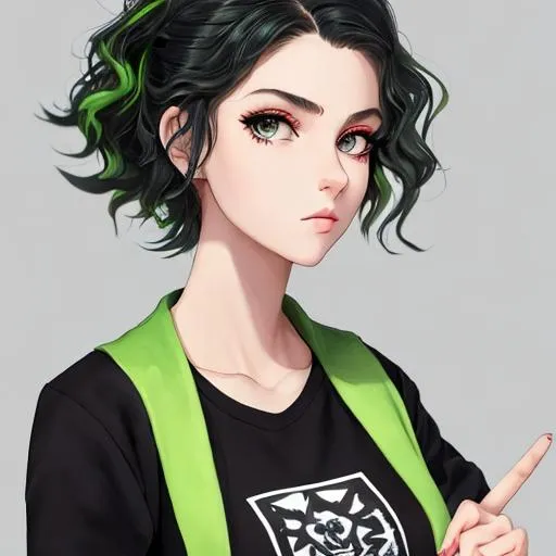 Prompt: An insanely beautiful girl around 21 years old. punk clothes. perfect anatomy, symmetrically perfect face. perfect grey eyes. beautiful short black wavy hair with green streaks. no extra limbs or hands or fingers or legs or arms.