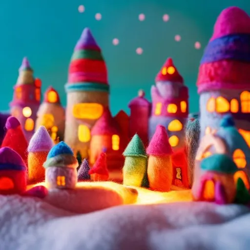 Prompt: A toy imaginary  village made of colorful yarn and felt with romantic lights