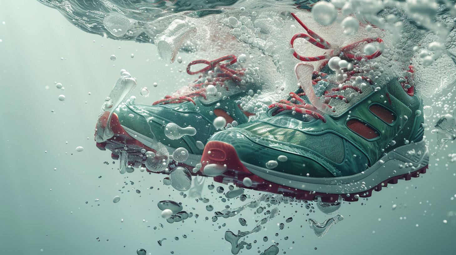 Prompt: a pair of green and red sneakers floating in water with bubbles on the bottom of the shoe, Alberto Seveso, photorealism, 3 d render